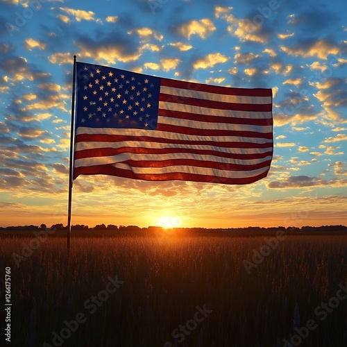 American flag sunrise field patriotic landscape