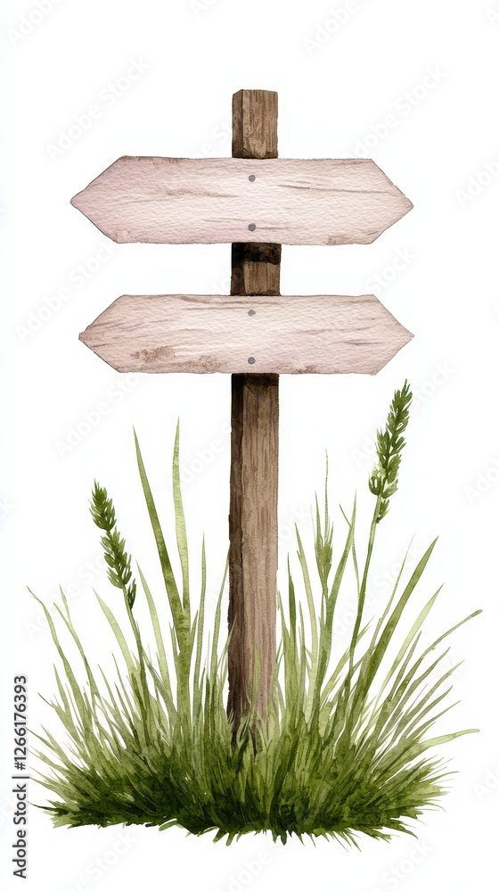 Naklejka premium A rustic wooden signpost surrounded by lush green grass indicating directions.