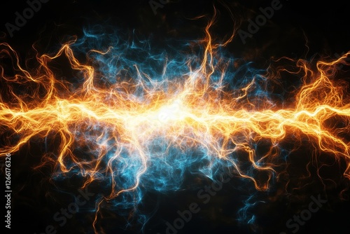 Abstract orange and blue plasma lightning energy with dark background
