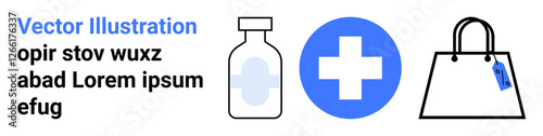 Medicine bottle, healthcare cross in blue circle, and shopping bag with tag suggest medicine, health, shopping. Ideal for healthcare, e-commerce, pharmacy, retail medical branding drugstores flat photo