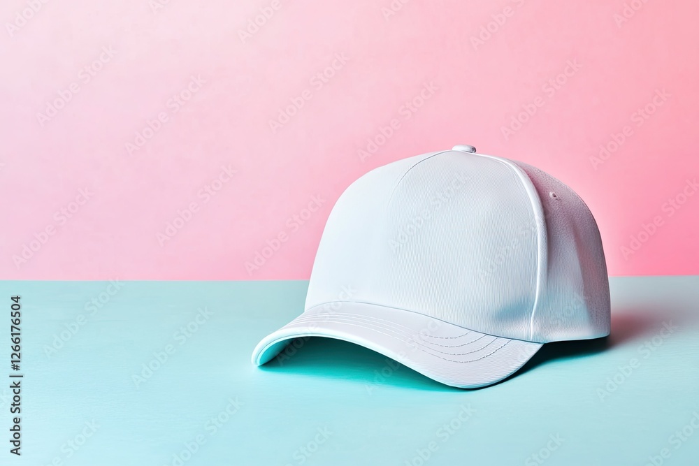 Fototapeta premium A light blue baseball cap rests on a pastel surface