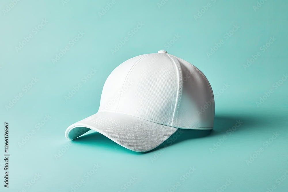 A Plain White Baseball Cap Rests on a Teal Background A Plain White Baseball Cap Rests on a Teal Background