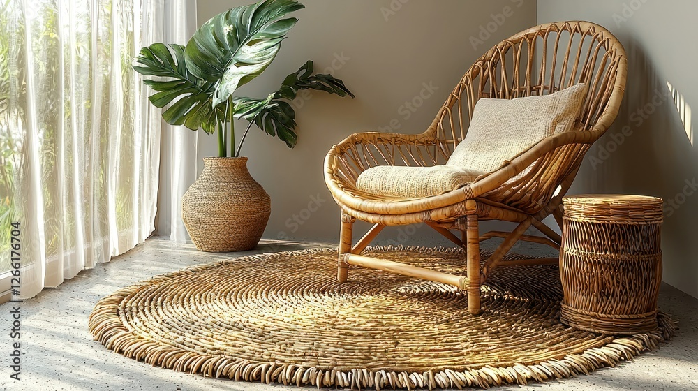 Fototapeta premium Wicker chair with monstera plant next to window, for relaxation and wellness
