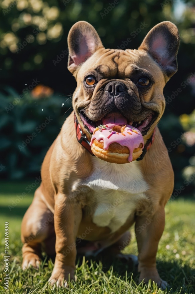 A playful dog happily holds a pink donut in its mouth, sitting on green grass. A playful dog happily holds a pink donut in its mouth, sitting on green grass.