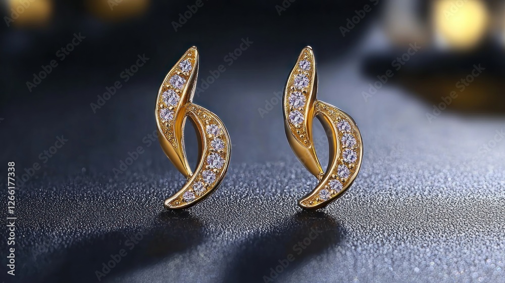 Gold leaf-shaped earrings, close-up, studio shot, blurred background Gold leaf-shaped earrings, close-up, studio shot, blurred background