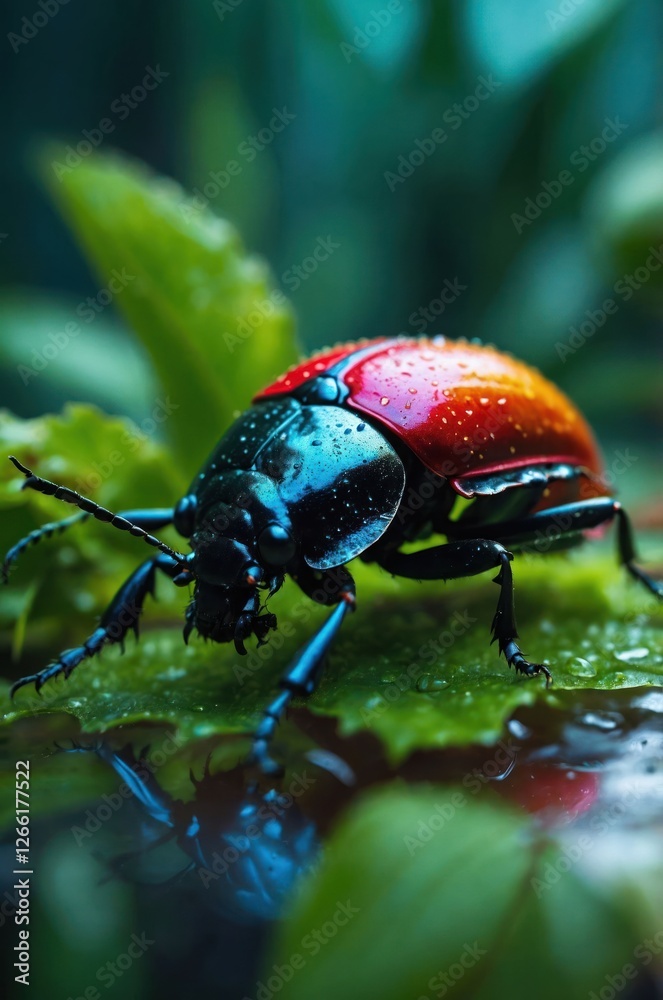 A vibrant beetle with a glossy red and green shell perched on a leaf, surrounded by droplets. A vibrant beetle with a glossy red and green shell perched on a leaf, surrounded by droplets.