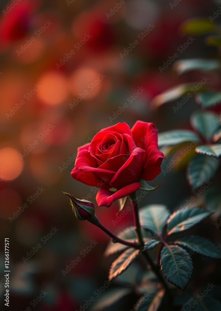 A single red rose on a rose bush with closed rose buds and a bokeh background bokeh red bokeh abstract background glow design light texture effect sparkle