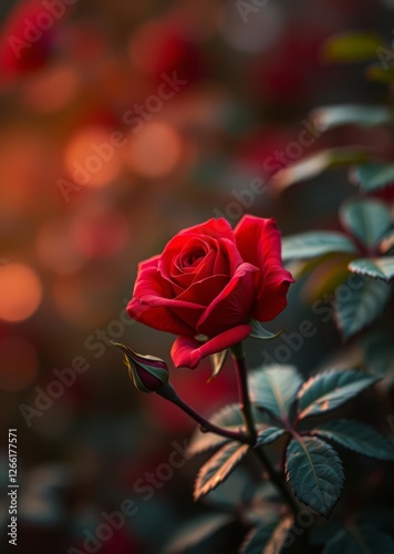 Obraz na płótnie A single red rose on a rose bush with closed rose buds and a bokeh background bokeh red bokeh abstract background glow design light texture effect sparkle w salonie