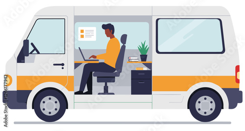 Man working inside van with laptop. Mobile office and freelance concept