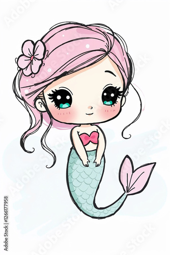 Cute cartoon mermaid with pink hair