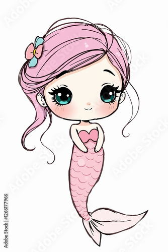 Cute cartoon mermaid with pink hair