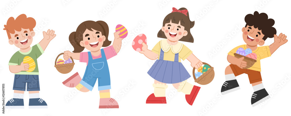 Illustration set of cheerful children holding easter eggs Illustration set of cheerful children holding easter eggs