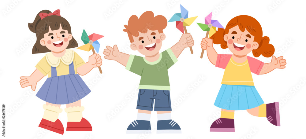 Illustration of cheerful children with pinwheels Illustration of cheerful children with pinwheels