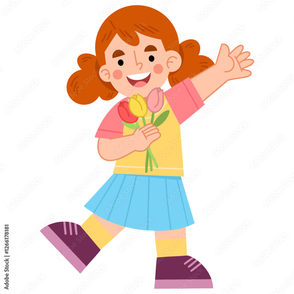 Illustration of happy girl holding flowers Illustration of happy girl holding flowers