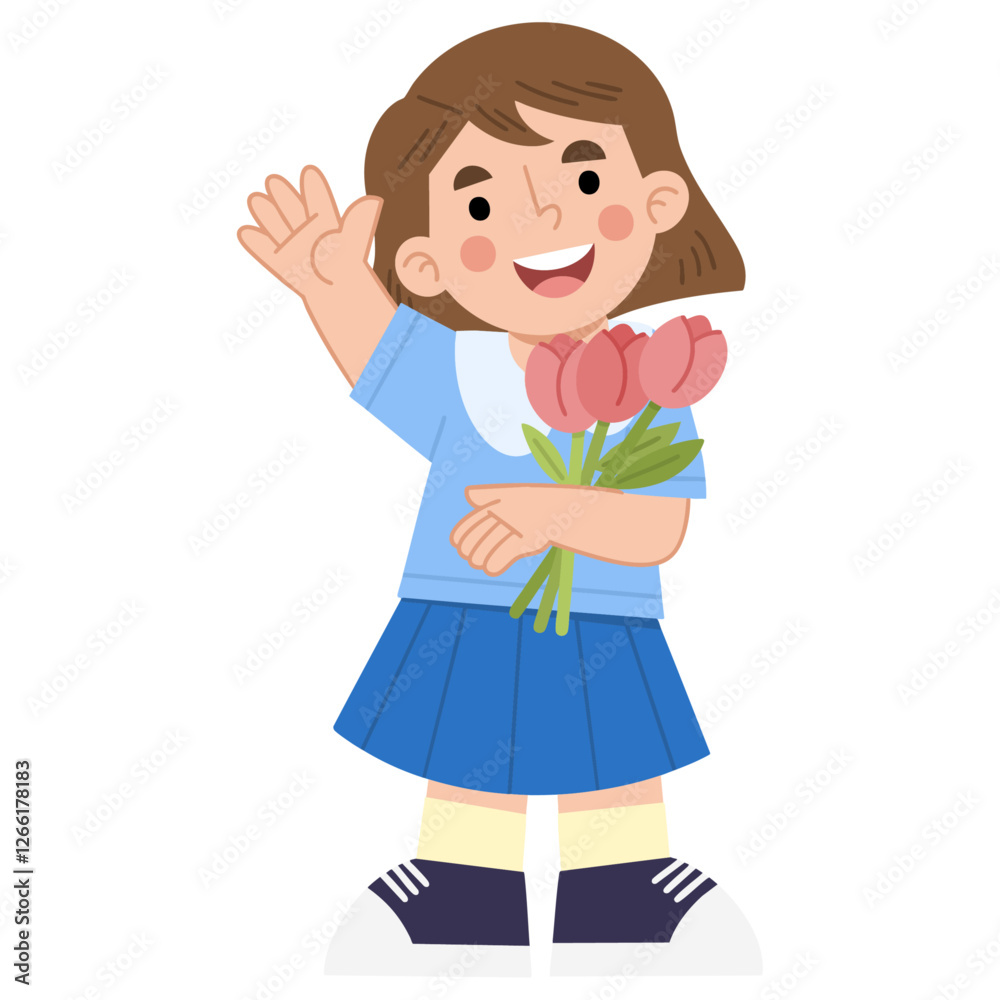 Illustration of cheerful girl holding flowers Illustration of cheerful girl holding flowers