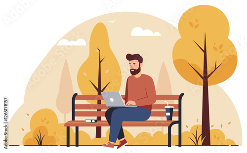 Man sitting on park bench using laptop. Outdoor autumn working office. Minimalist flat design