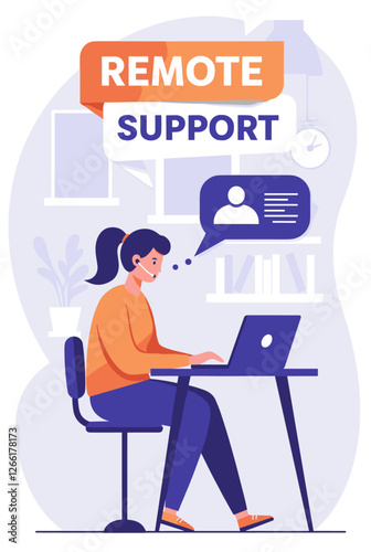 Remote support concept with woman using laptop. Colorful flat design vector