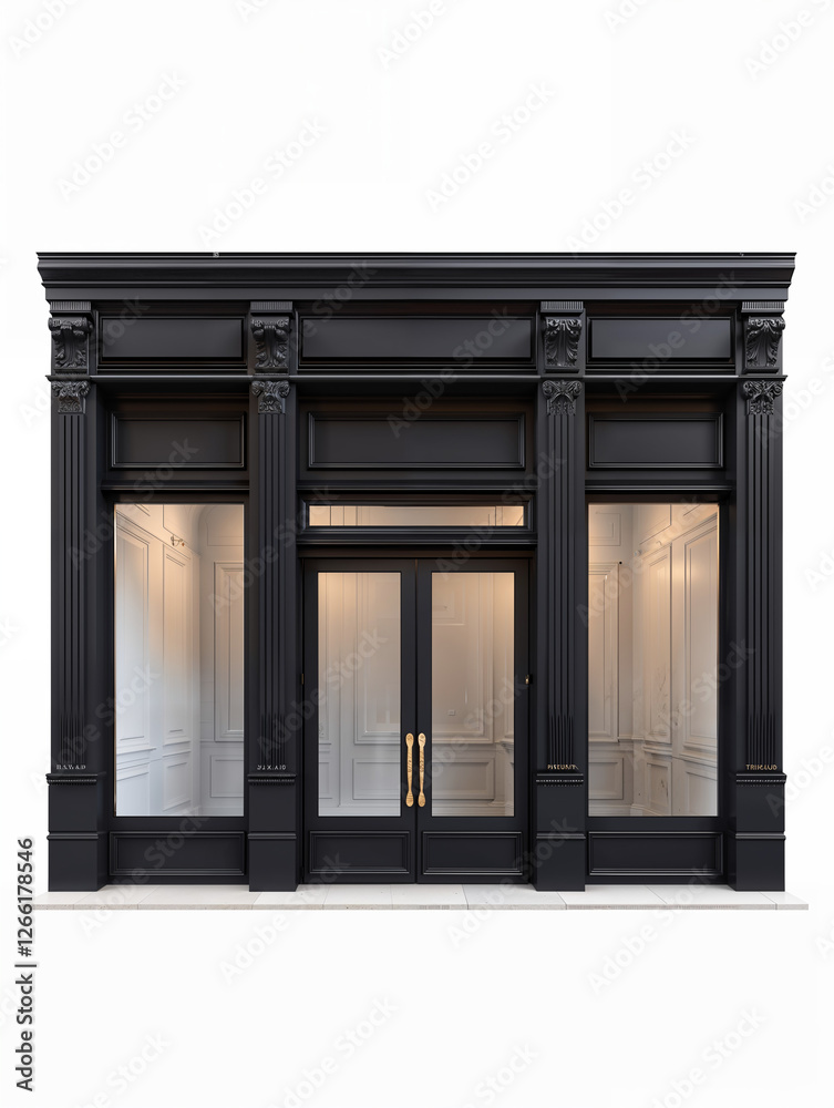 Elegant black storefront with classical design features and glass windows in a modern urban setting