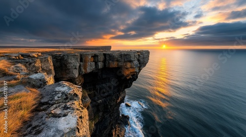 Dramatic sunset over clifftop at seaside photo