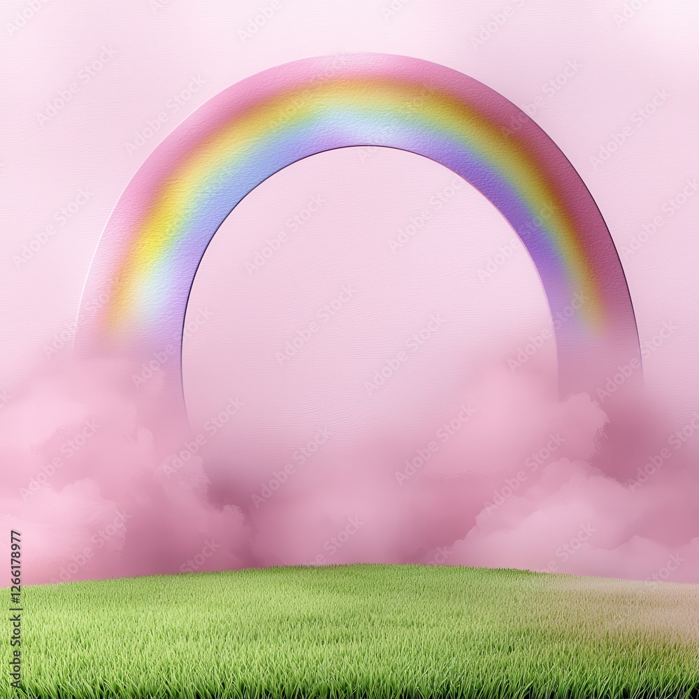 A vibrant rainbow emerging from soft pink clouds over a lush green meadow. A vibrant rainbow emerging from soft pink clouds over a lush green meadow.