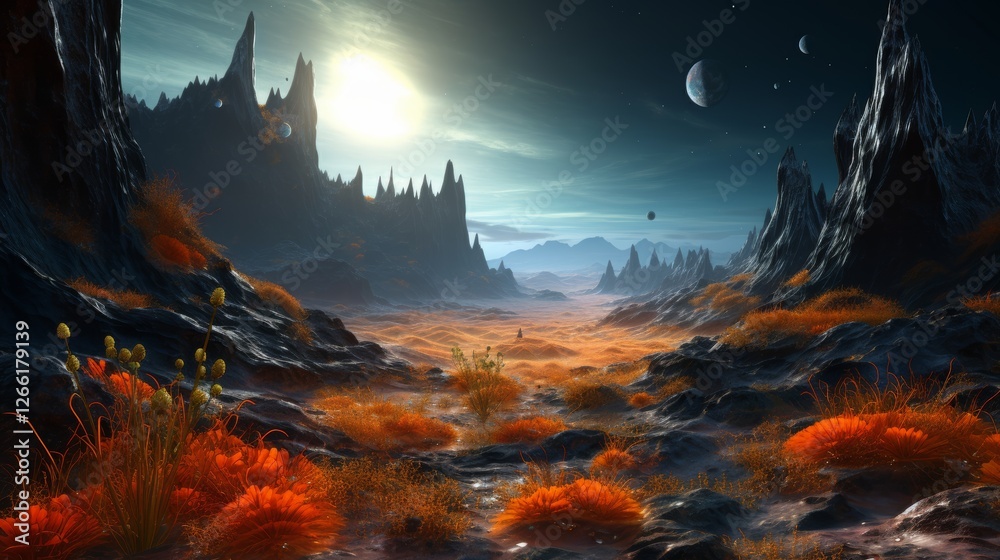 Naklejka premium Vivid alien landscape with dramatic mountains and colorful flora under a bright celestial sky