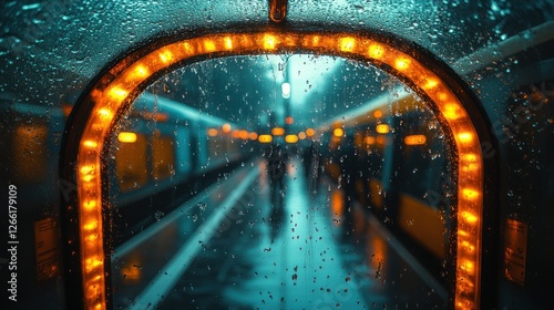 Rainy station platform, orange lights, blurred train, commuters photo