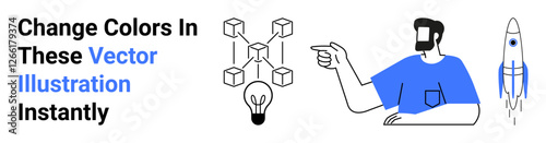 Man pointing at interconnected blockchain cubes, lightbulb representing ideas, and a rocket launching. Ideal for innovation, creativity, blockchain technology, startup growth, business, teamwork