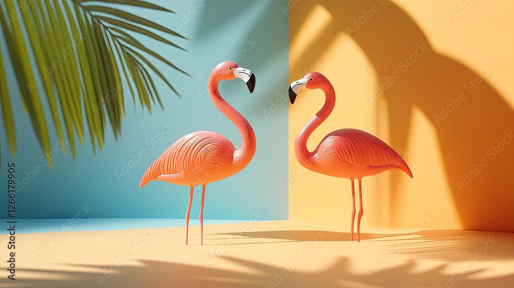 Obraz premium Flamingo toys in motion, vibrant colors, simple yet creative design, evoking joy and playfulness.