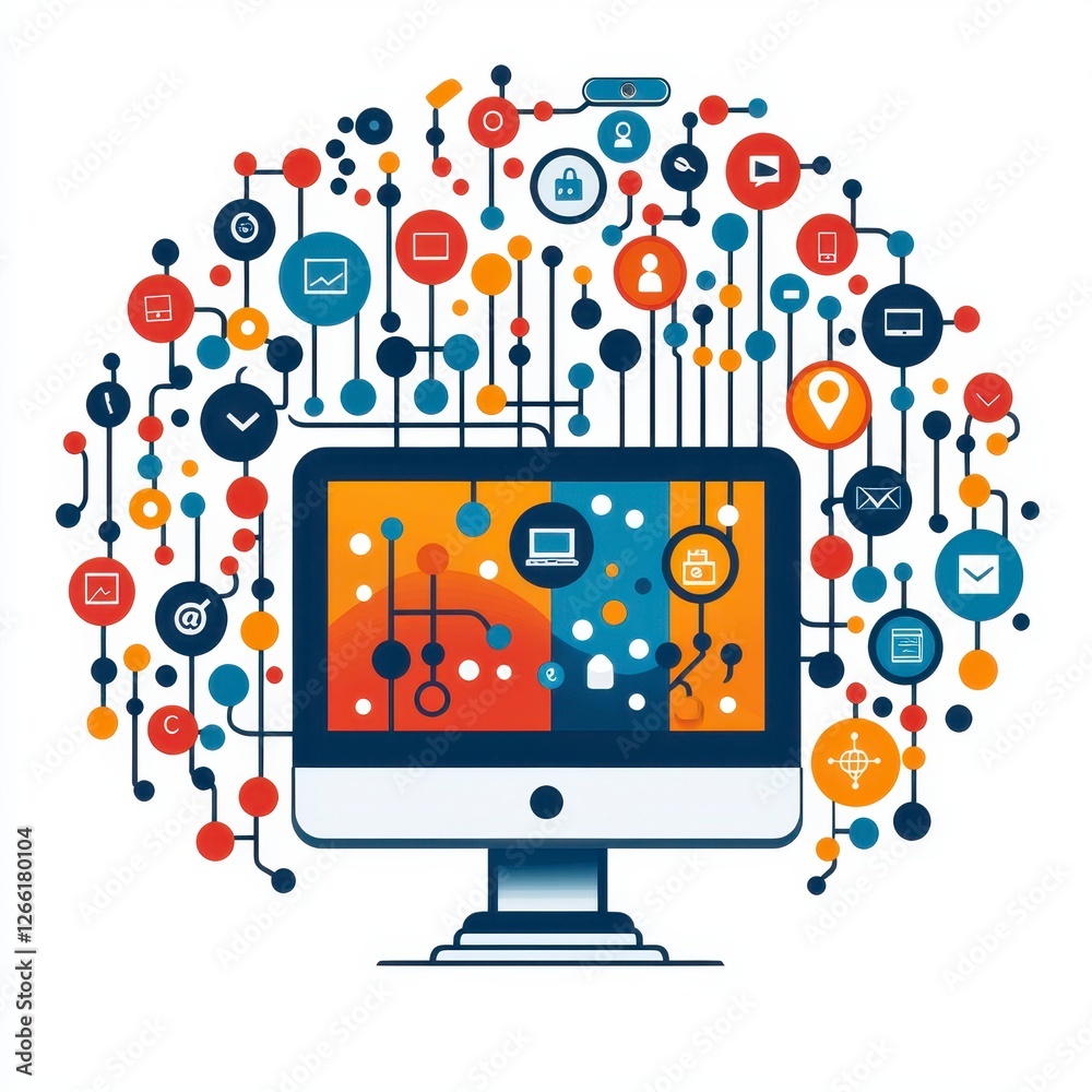 Global network connections, computer screen, data flow, digital world, web technology illustration Global network connections, computer screen, data flow, digital world, web technology illustration