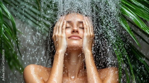 Woman washing face in tropical shower among green plants, relaxation and wellness