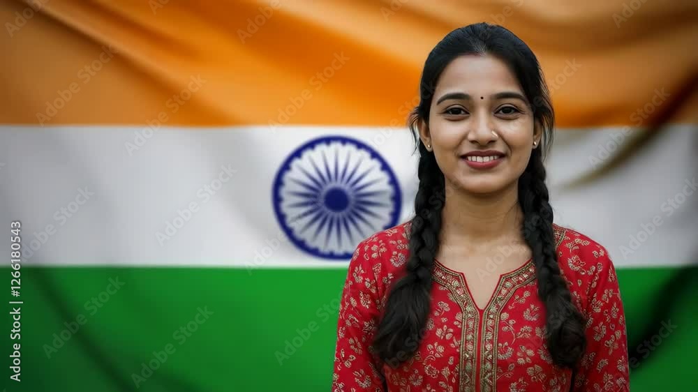 Happy Indian young woman posing in front of India flag waving