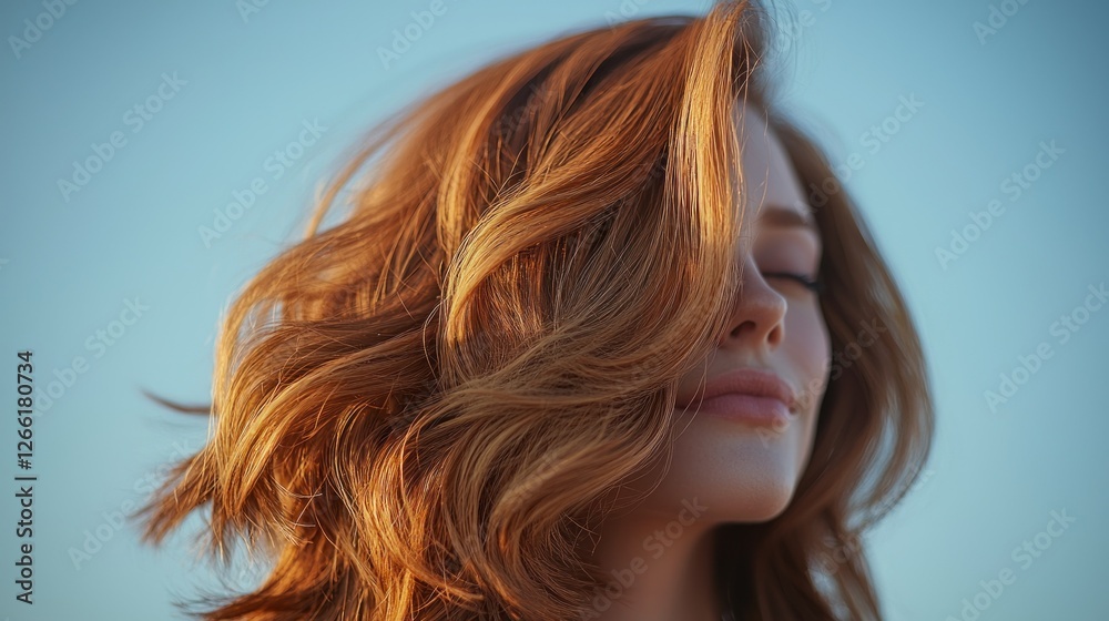 Woman with red hair enjoying the sunset breeze for beauty or fashion product ad Woman with red hair enjoying the sunset breeze for beauty or fashion product ad