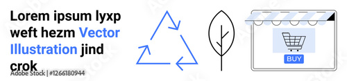 Recycling triangle with arrows, tree leaf, and online store interface promoting sustainability and eco-friendly shopping. Ideal for commerce, ecology, nature, recycling, sustainability, shopping