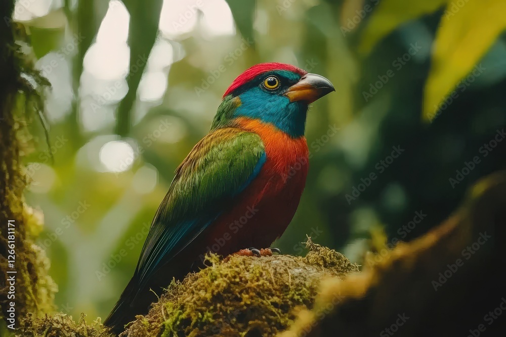 Colorful bird perches on mossy branch in tropical rainforest during early morning Colorful bird perches on mossy branch in tropical rainforest during early morning
