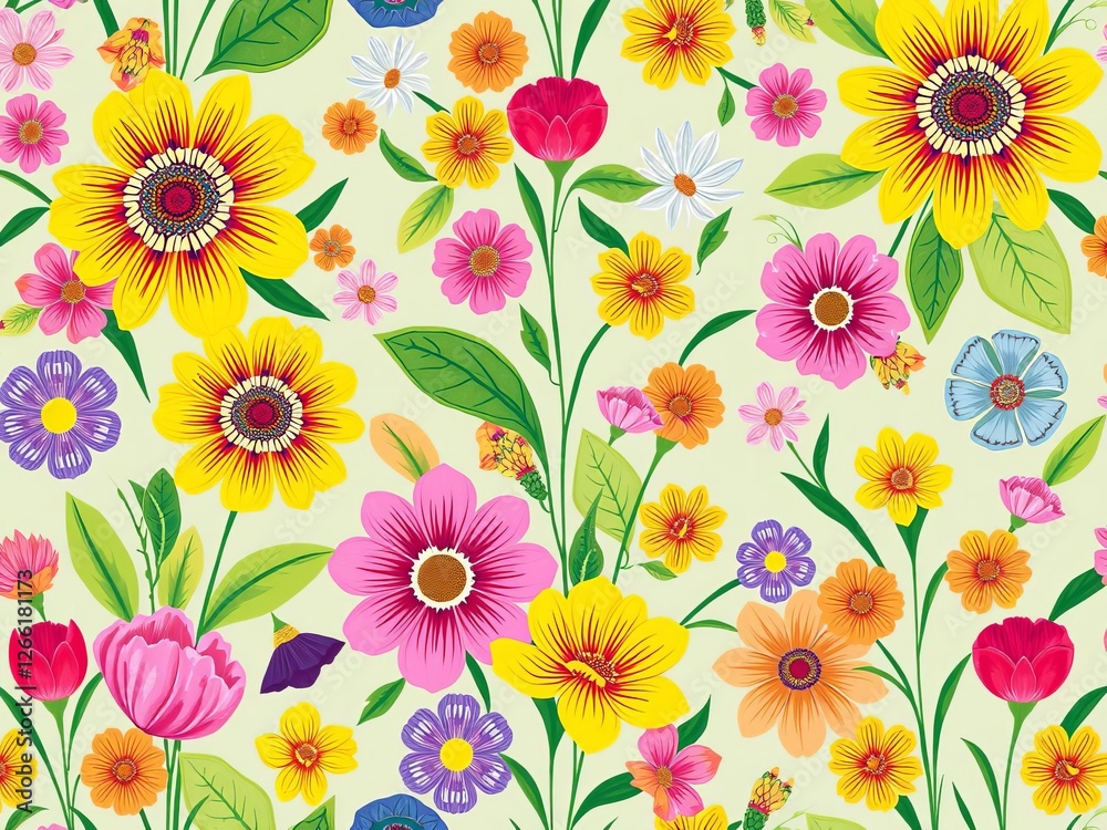 Vibrant floral pattern featuring a central yellow flower surrounded by colorful blooms, blooming, design, floral Vibrant floral pattern featuring a central yellow flower surrounded by colorful blooms, blooming, design, floral