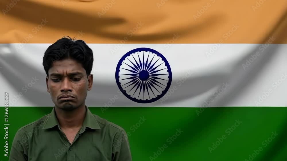 Sad and disappointed young Indian man posing in front of Indian flag waving