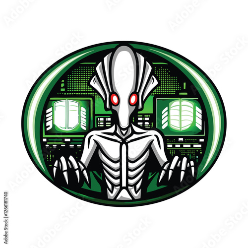A detailed rendering of a biomechanical alien, showcasing sharp, metallic limbs and intricate, organic textures.  Emphasis on high detail and realistic lighting.