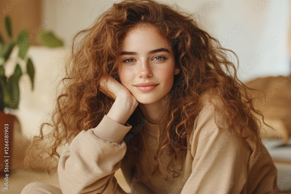 Fototapeta premium Young woman with beautiful curly hair poses warmly indoors in a cozy environment during daylight hours