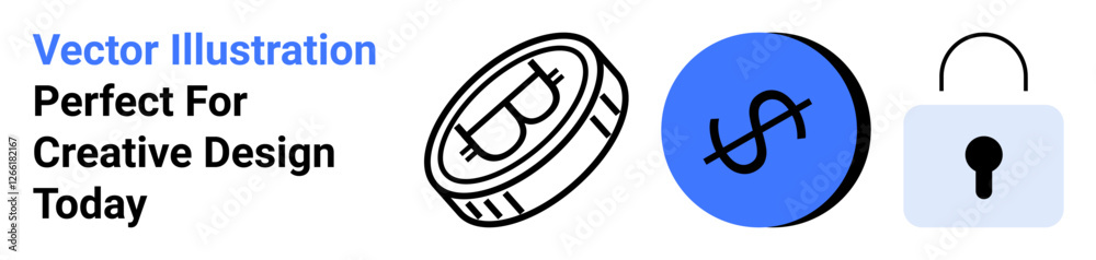 Bitcoin coin, dollar sign in blue circle, and padlock represent financial security, blockchain, cryptocurrency, online transactions, digital economy, fintech and secure payments. Ideal for flat Bitcoin coin, dollar sign in blue circle, and padlock represent financial security, blockchain, cryptocurrency, online transactions, digital economy, fintech and secure payments. Ideal for flat