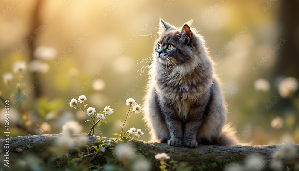 Serene Gray Cat Amidst Golden Hour Blooms Serene Gray Cat Amidst Golden Hour Blooms