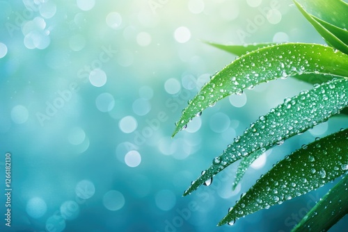 Dewdrops adorn vibrant green leaves against a soft blue background