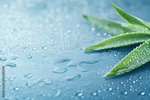 Aloe Vera Leaves Resting on a Wet Blue Surface