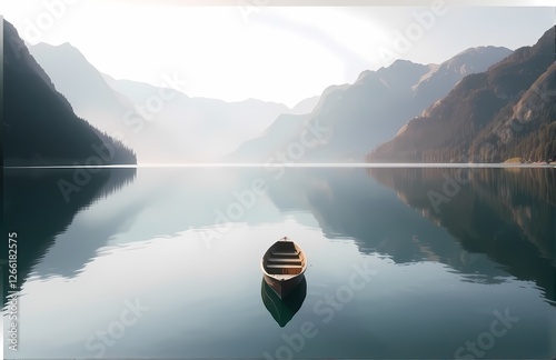 A peaceful lake with reflections of the surrounding mountains a small rowboat and soft sunlight. photo