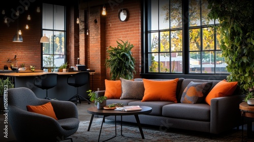 Cozy modern loft office space with orange accents and brick walls