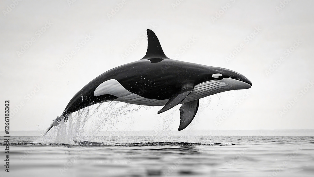 Obraz premium The monochrome image shows an orca leaping, its sleek body arching above the water.