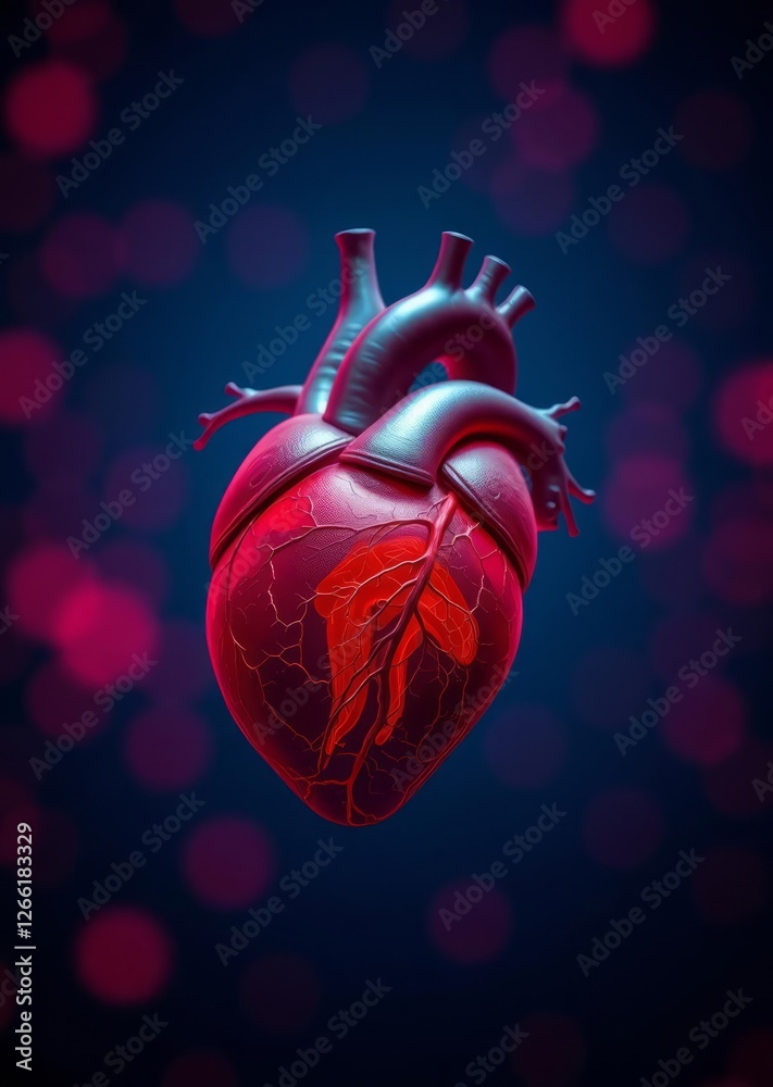 Red pulsating heart with veins anatomy of a human organ on a blue background with bokeh bokeh red bokeh abstract background glow design light texture effect sparkle