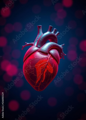 Obraz na płótnie Red pulsating heart with veins anatomy of a human organ on a blue background with bokeh bokeh red bokeh abstract background glow design light texture effect sparkle w salonie