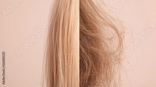 Comparison of healthy smooth hair strand and brittle damaged hair strand highlighting differences in texture and appearance. Generative AI