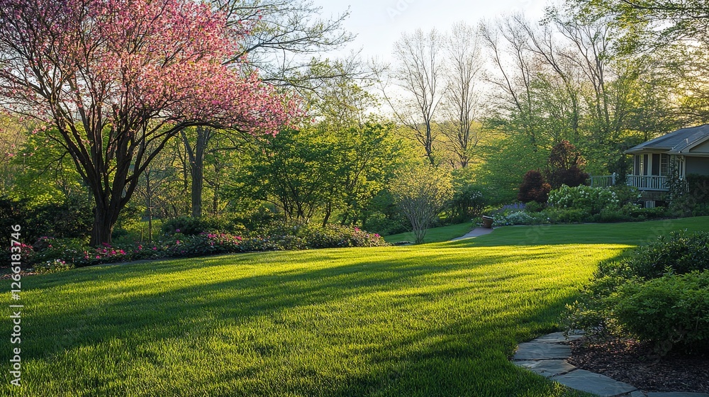 Obraz premium Springtime home surrounded by lush greenery and blooming trees, embodying serene natural beauty.