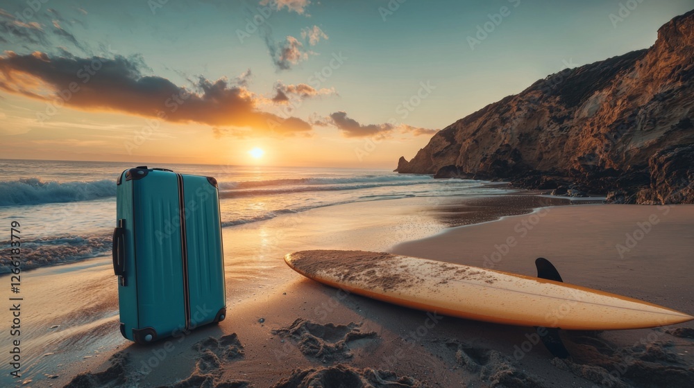 Surfer’s Dream: Luggage and Surfboard by the Ocean at Sunset on a Serene Beach Surfer’s Dream: Luggage and Surfboard by the Ocean at Sunset on a Serene Beach